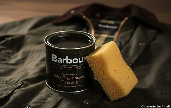 Barbour Wachs und Schwamm auf Original Barbour Wachsjacke im Hintergrund
