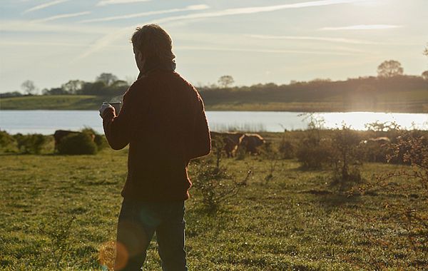 Unser Model in der Abendsonne mit Hochlandrindern im Hintergrund