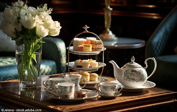 Niedriger Tisch mit elegantem Teeservice und Blumenvase für den Low Tea