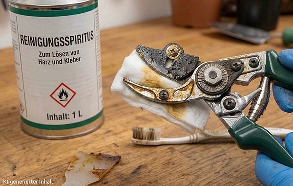 Gartenschere wird mit Reinigungsalkohol von Harz befreit