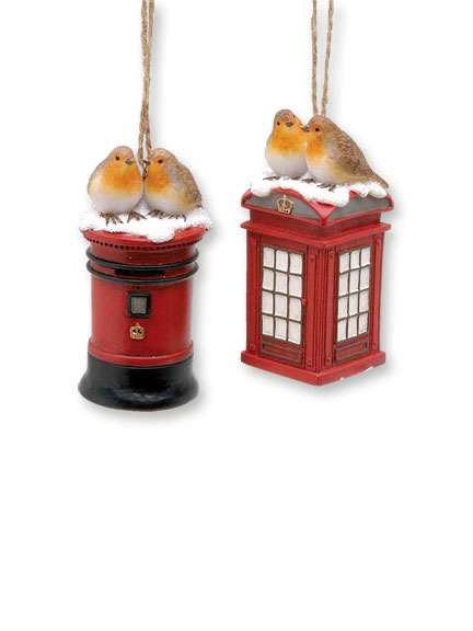 Christbaumanhänger 'Robins on Post & Phone Box'