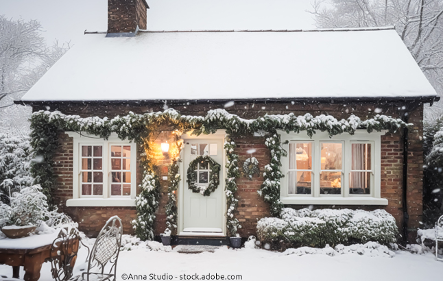 Winter Cottage im Schnee weihnachtlich geschmückt
