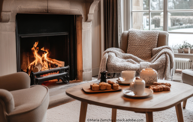 Gemütliches Heim mit Kamin und Sessel im Winter mit Schnee vorm Haus