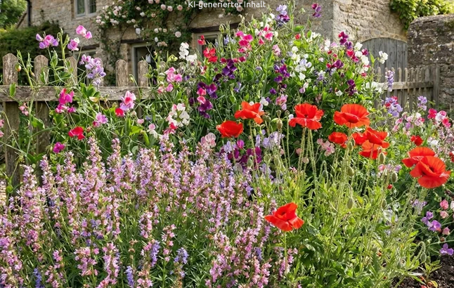 Cottage Garden Beet mit Mohnblumen und Duftwicken