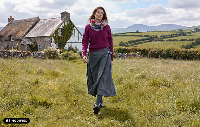 Frau im Longkilt auf britischer Wiese