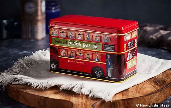 Teedose als Doppeldecker-Bus