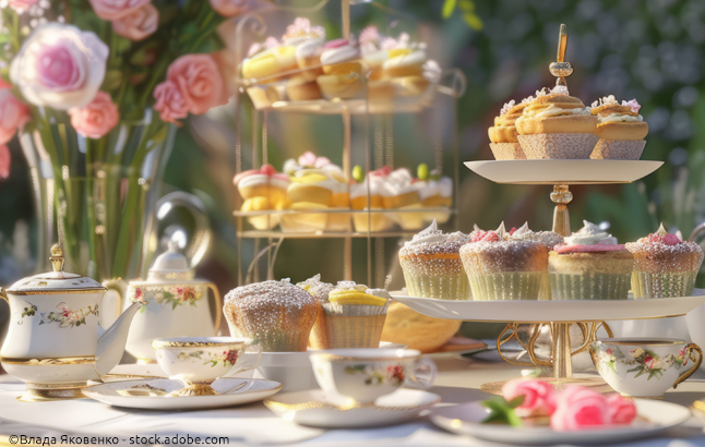 Feine Cupcakes und exquisites Teegeschirr mit Rosen arrangiert