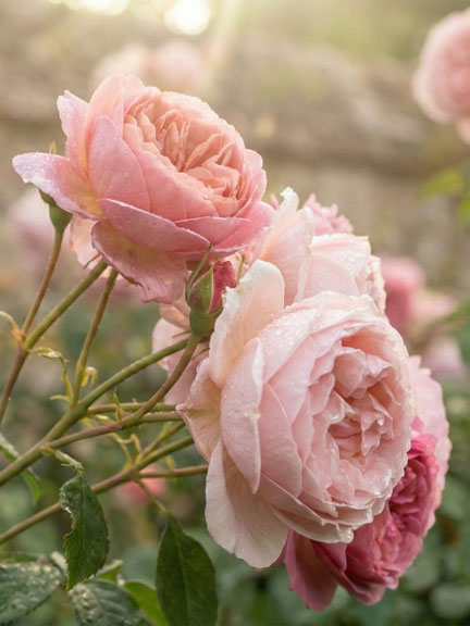 Rosafarbene, �ppige Rosenbl�ten am Strauch