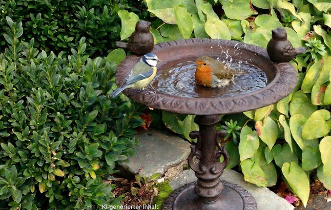 Rotkehlchen badet in Vogeltränke